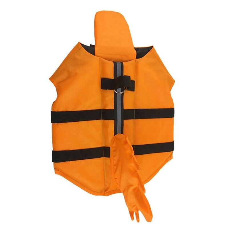 A vibrant shark-themed dog life vest designed for swimming, featuring adjustable straps and a sturdy handle for safety.