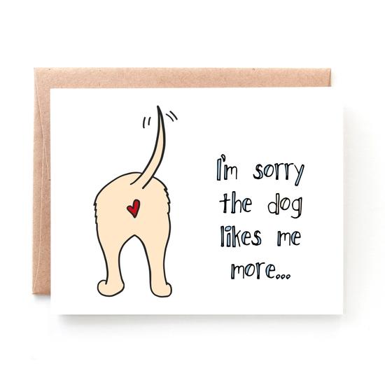 Dog Likes Me Card featuring an original illustration, folded size 5.5" x 4.25", with a kraft recycled envelope.