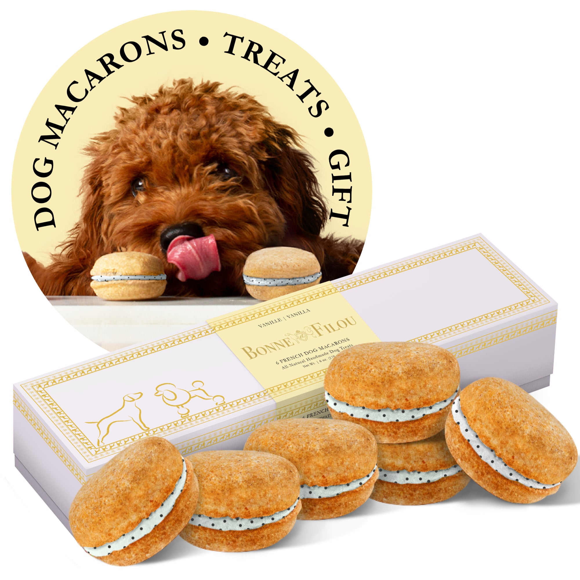 A box of six colorful dog macarons, handmade with all-natural ingredients, perfect for treating your furry friend.