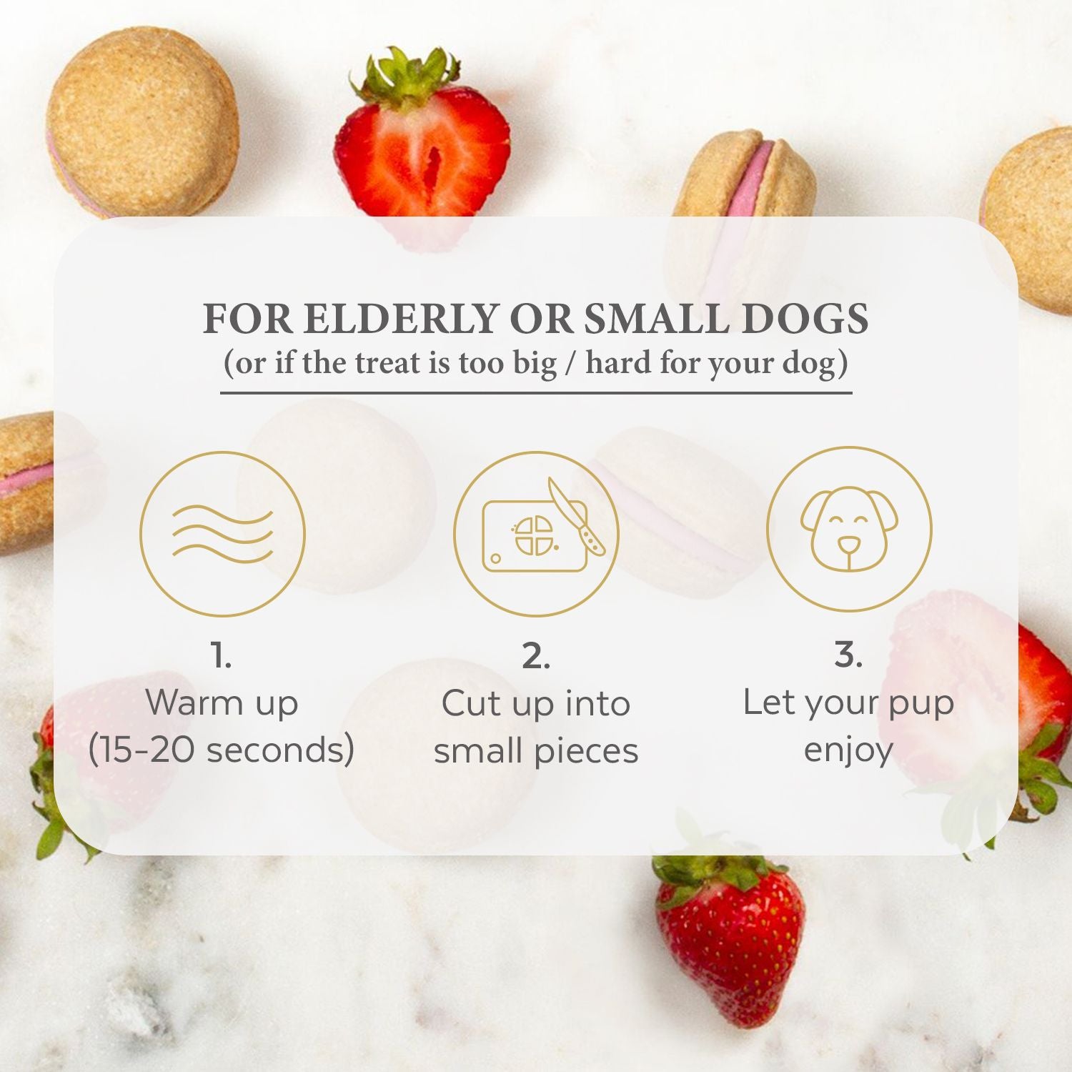 A box of six colorful dog macarons, handmade with all-natural ingredients, perfect for treating your furry friend.