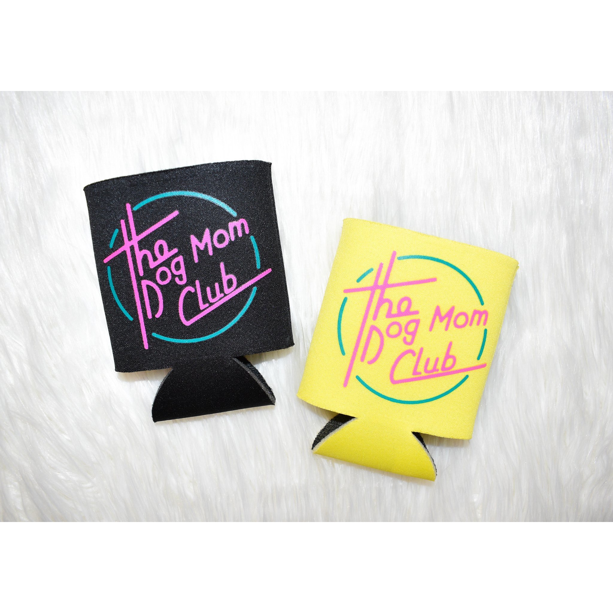 Dog Mom Club Can Holder in vibrant colors, designed for 12-16 oz. cans, featuring a fun quote and handmade quality.