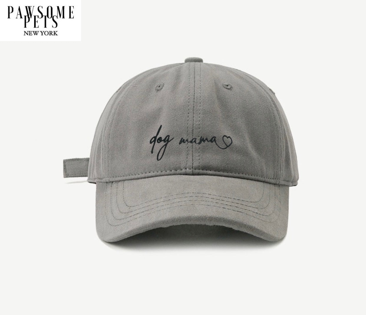 Grey baseball cap with embroidered DOG MOM lettering, featuring a classic 6-panel design and adjustable metal buckle closure.