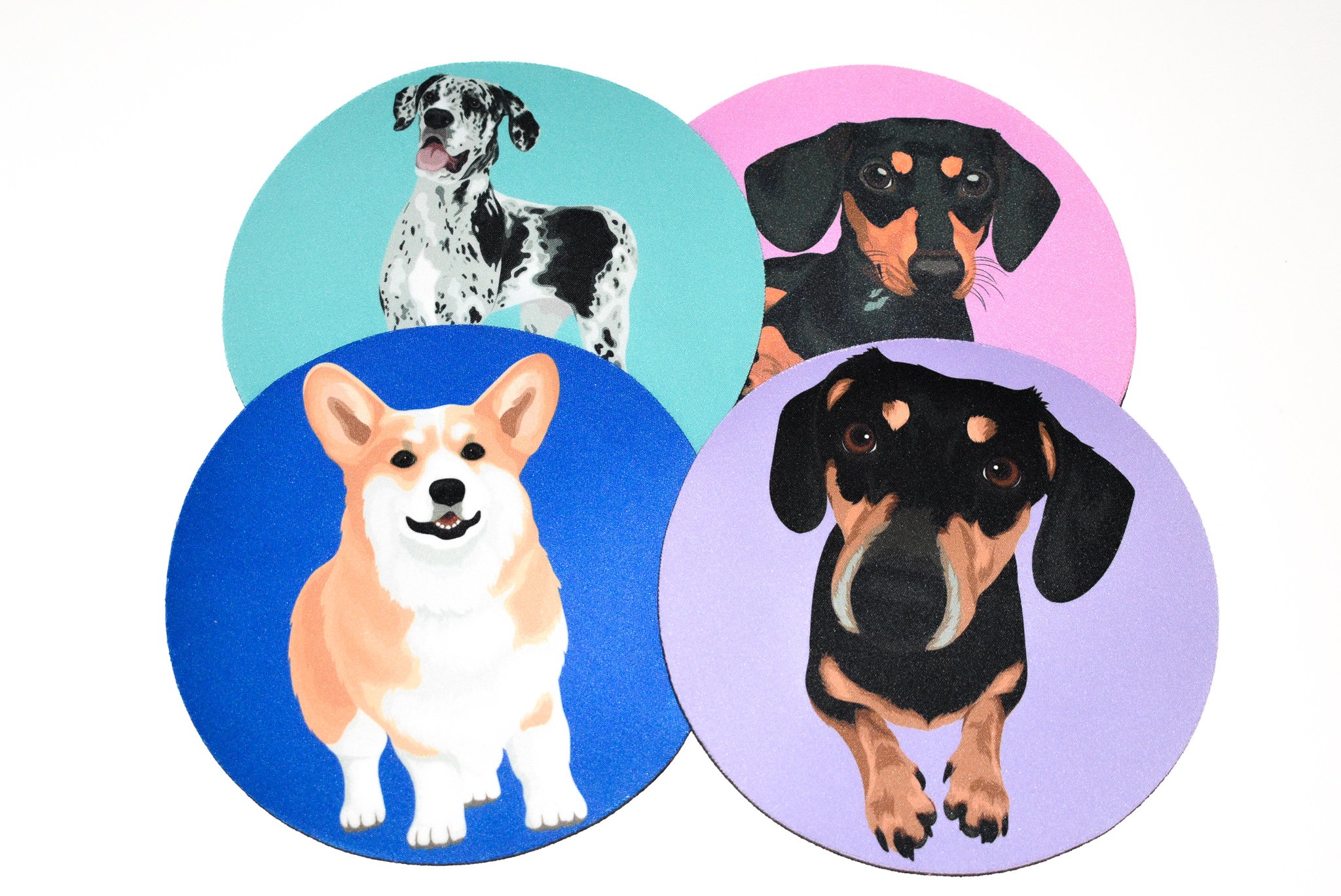 A round dog-themed mouse pad with a colorful design, featuring a non-slip rubber backing, perfect for home or office use.