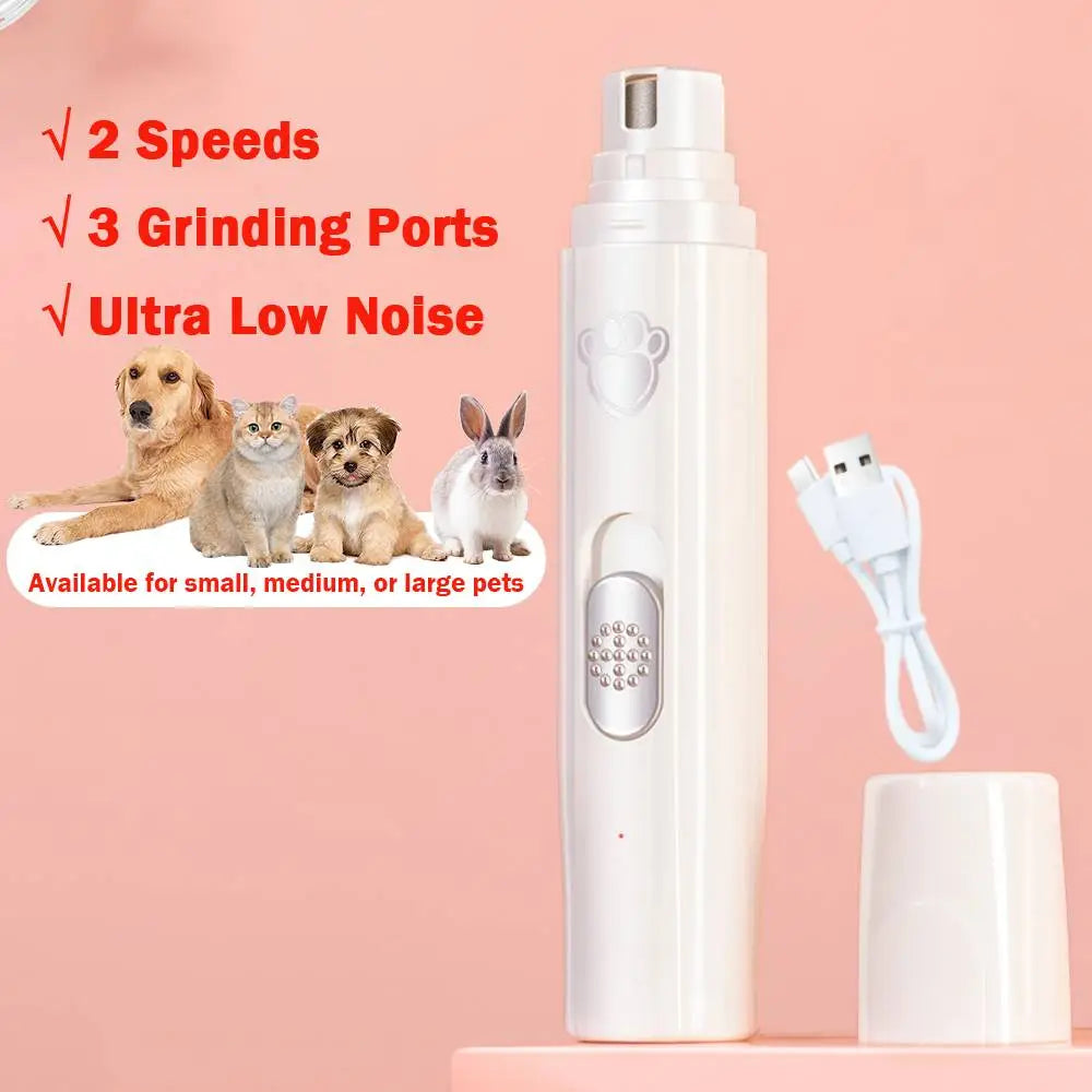Electric rechargeable dog nail drill with diamond grinding wheel and ergonomic design for painless grooming.