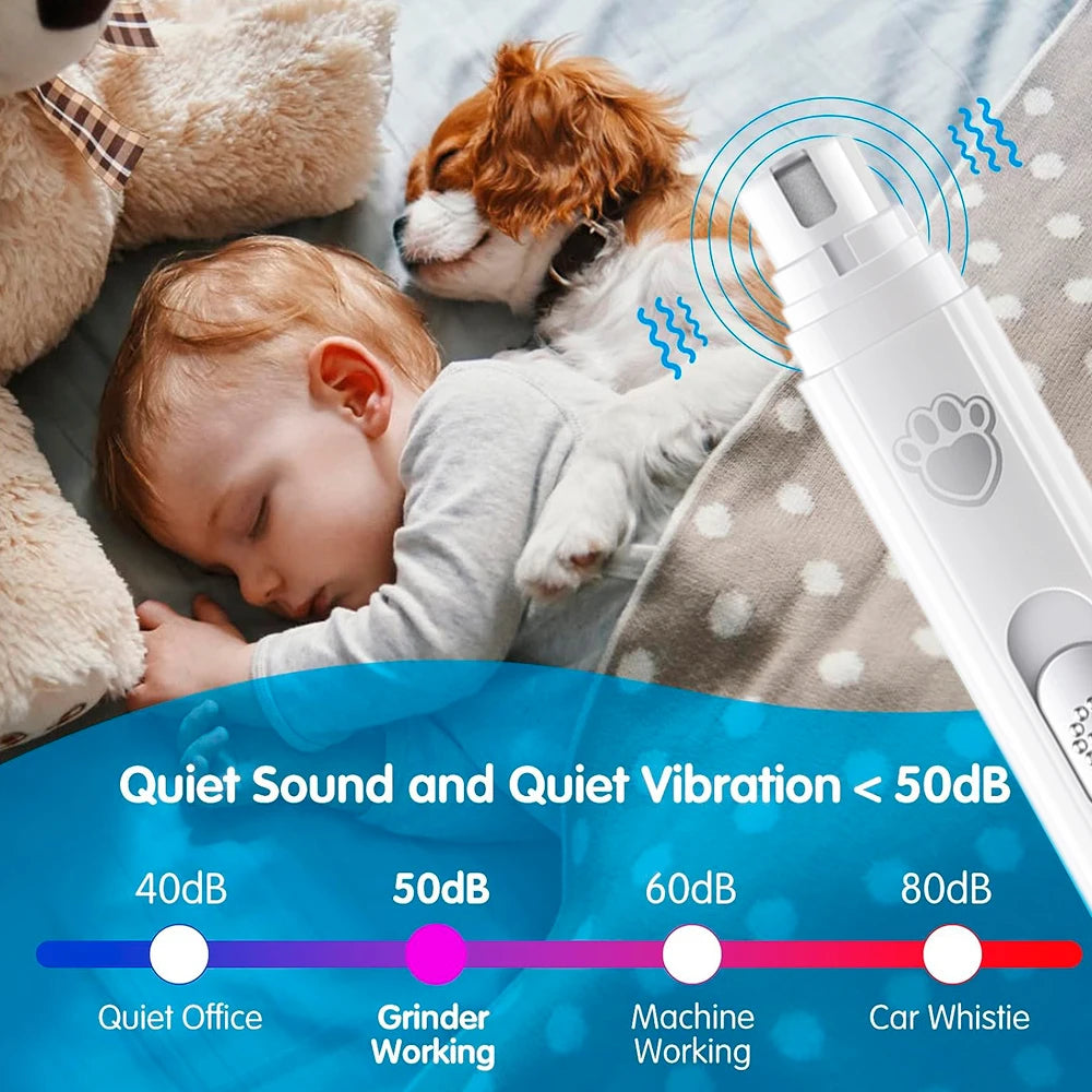 Electric rechargeable dog nail drill with diamond grinding wheel and ergonomic design for painless grooming.