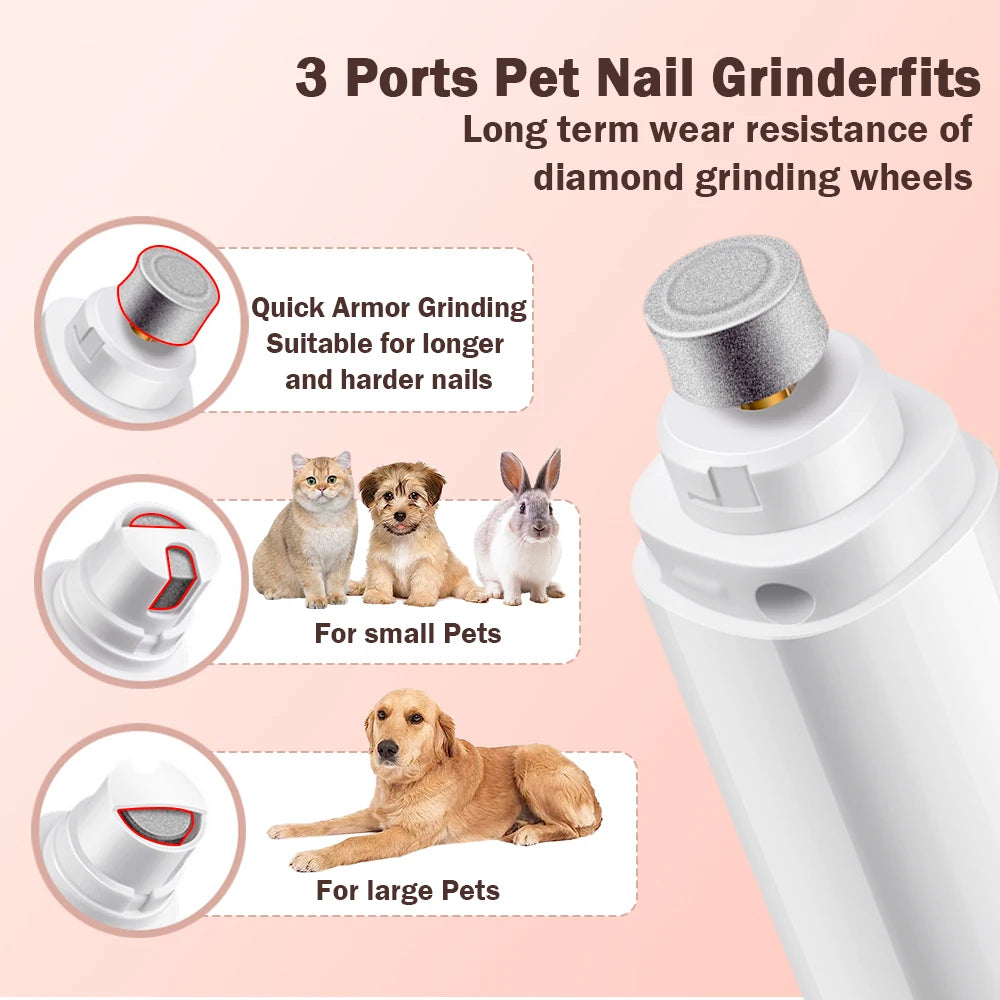 Electric rechargeable dog nail drill with diamond grinding wheel and ergonomic design for painless grooming.
