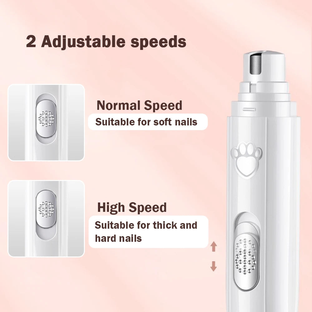 Electric rechargeable dog nail drill with diamond grinding wheel and ergonomic design for painless grooming.