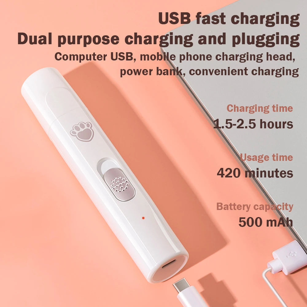 Electric rechargeable dog nail drill with diamond grinding wheel and ergonomic design for painless grooming.