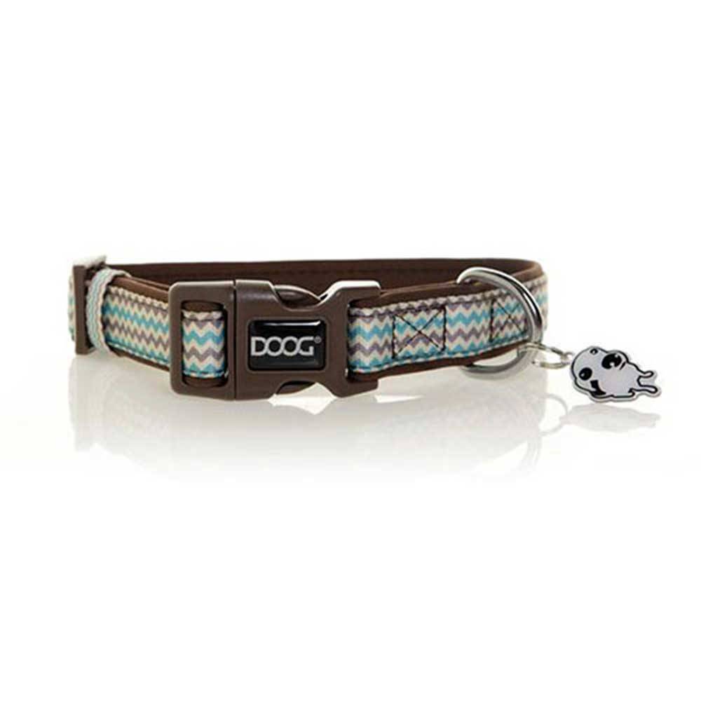 Doog Neoprene Dog Collar in brown and blue zigzag pattern, showcasing its stylish design and comfortable neoprene material.