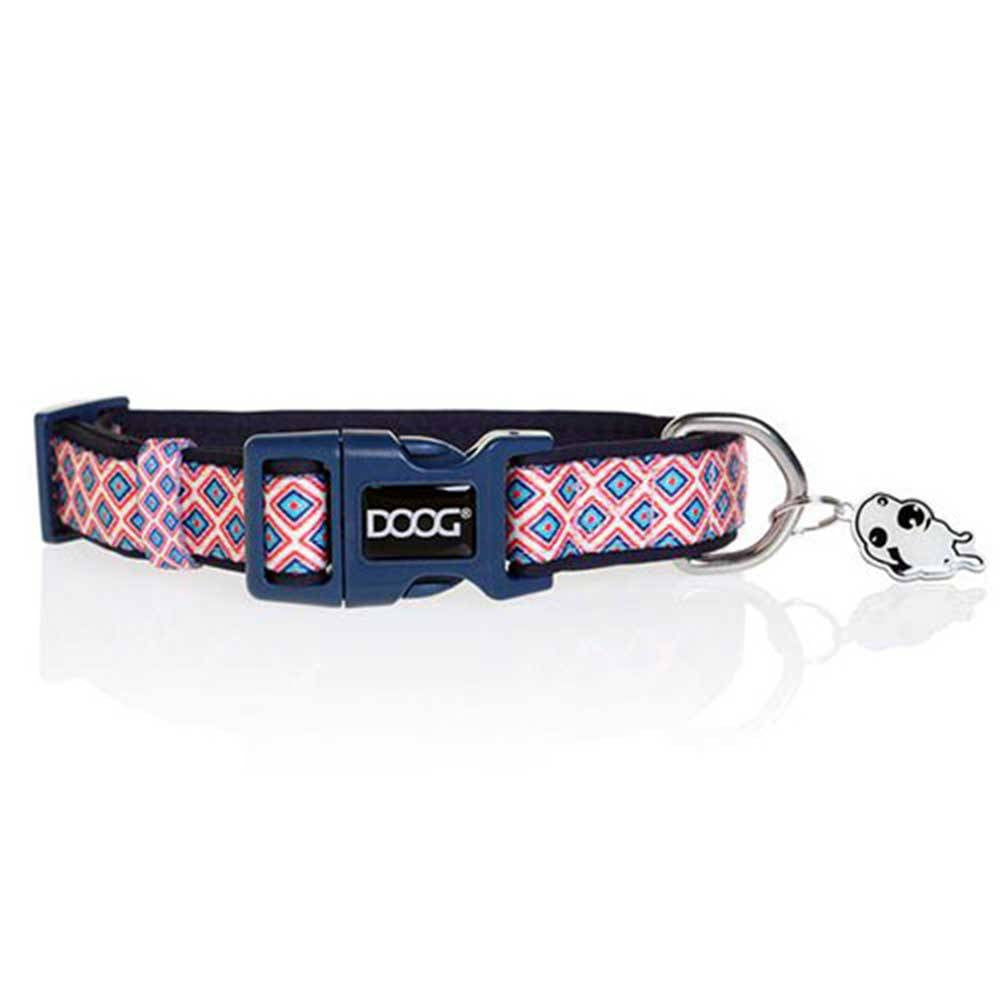 Doog Neoprene Dog Collar in navy, white, and red chevron pattern, showcasing its stylish design and lightweight neoprene material.