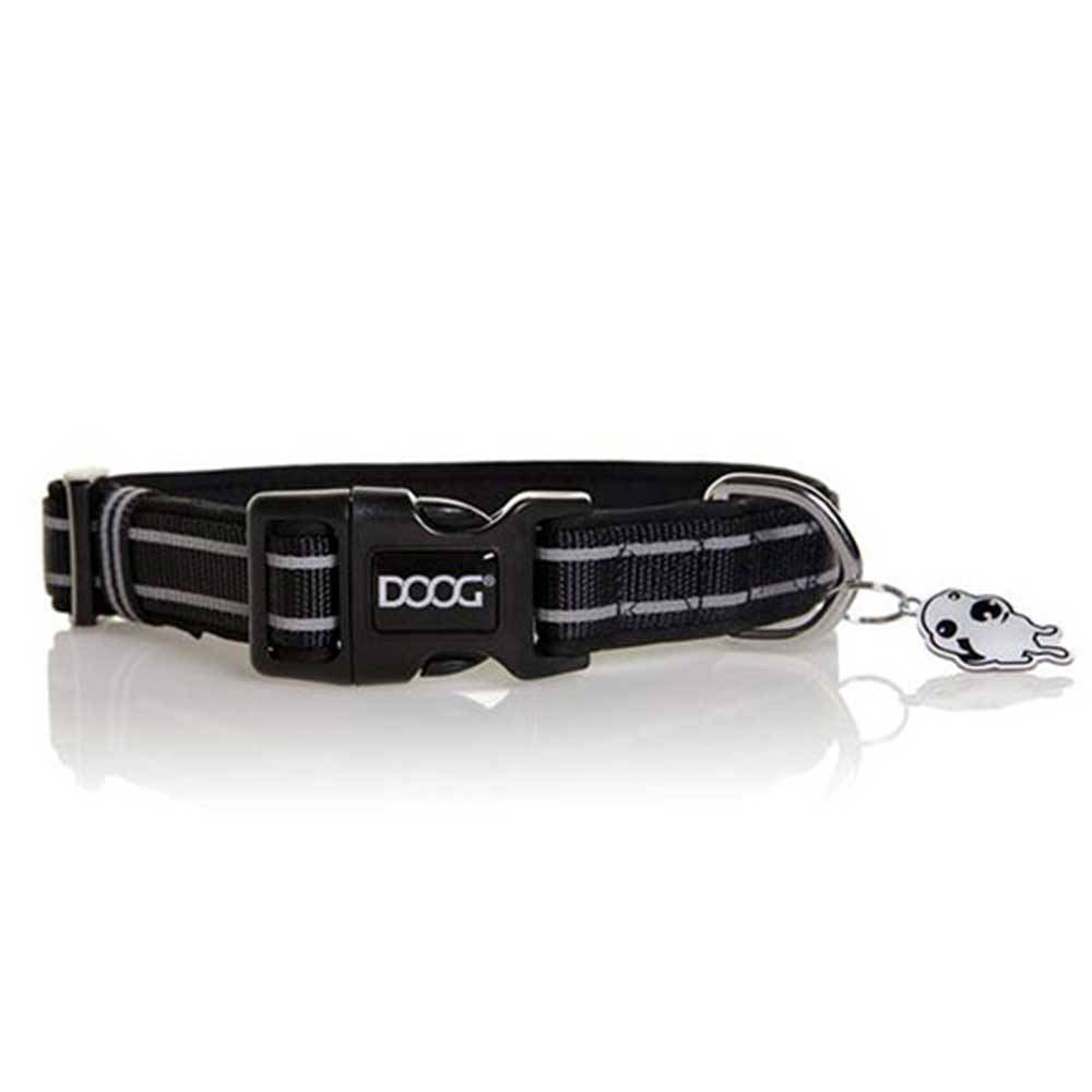 Doog Neoprene Dog Collar in black with reflective stripe, showcasing its stylish design and comfortable neoprene material.
