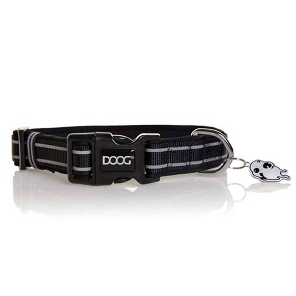 Doog Neoprene Dog Collar in black with reflective stripe, showcasing its stylish design and comfortable neoprene material.