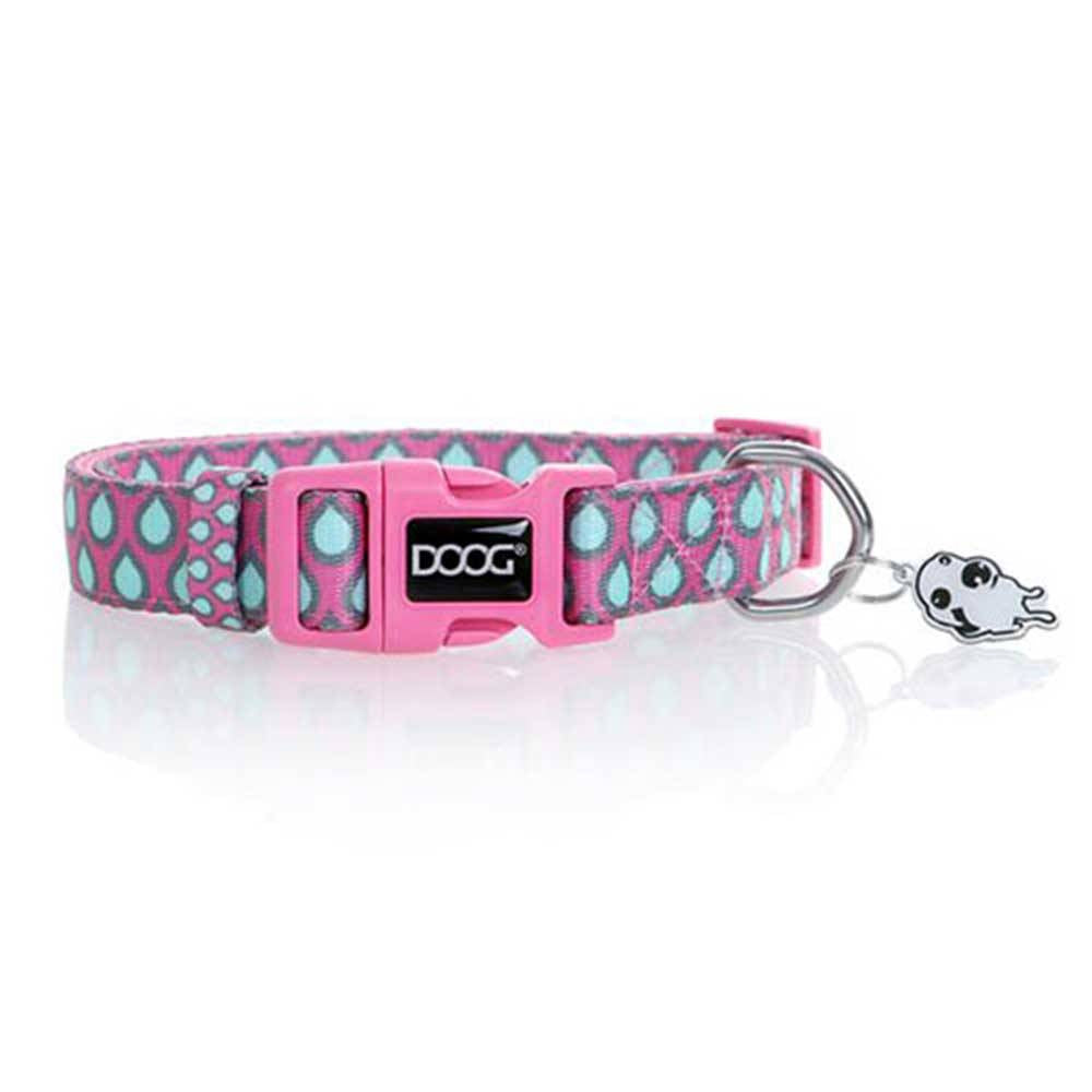 Doog Neoprene Dog Collar in pink with green teardrops, showcasing its stylish design and comfortable neoprene material.