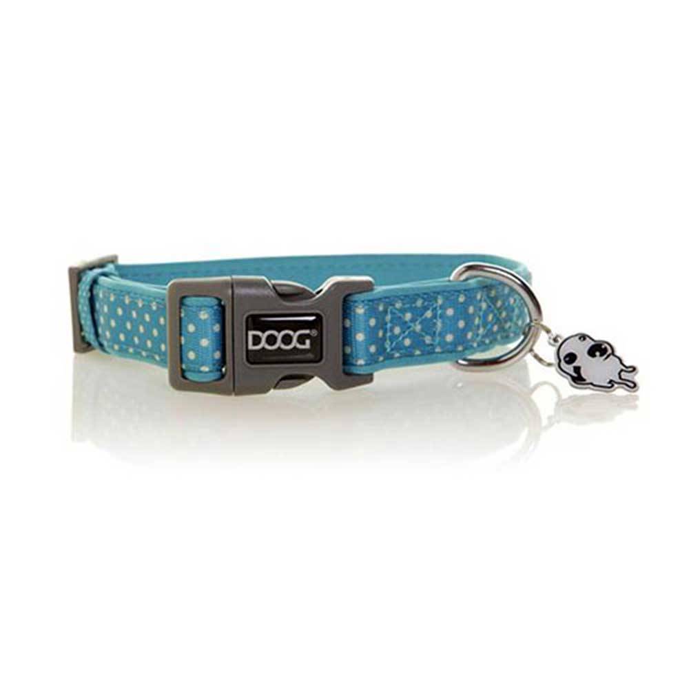 Doog Neoprene Dog Collar in blue with white spots featuring Snoopy design, showcasing its lightweight and comfortable neoprene material.