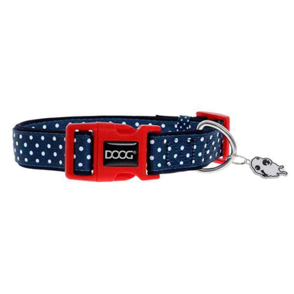 Doog Neoprene Dog Collar in navy with white spots, showcasing its stylish design and comfortable neoprene material.