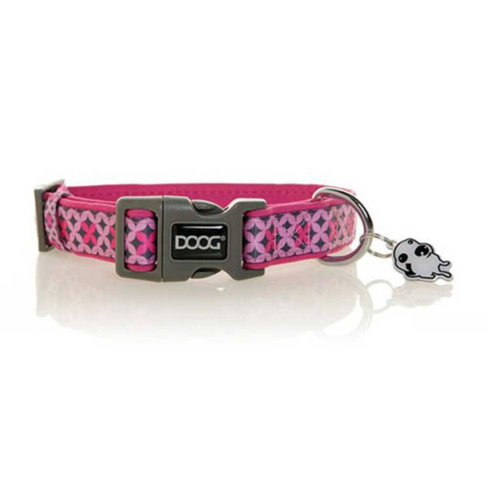 Doog Neoprene Dog Collar in pink with black stars, showcasing its stylish design and comfortable neoprene material.