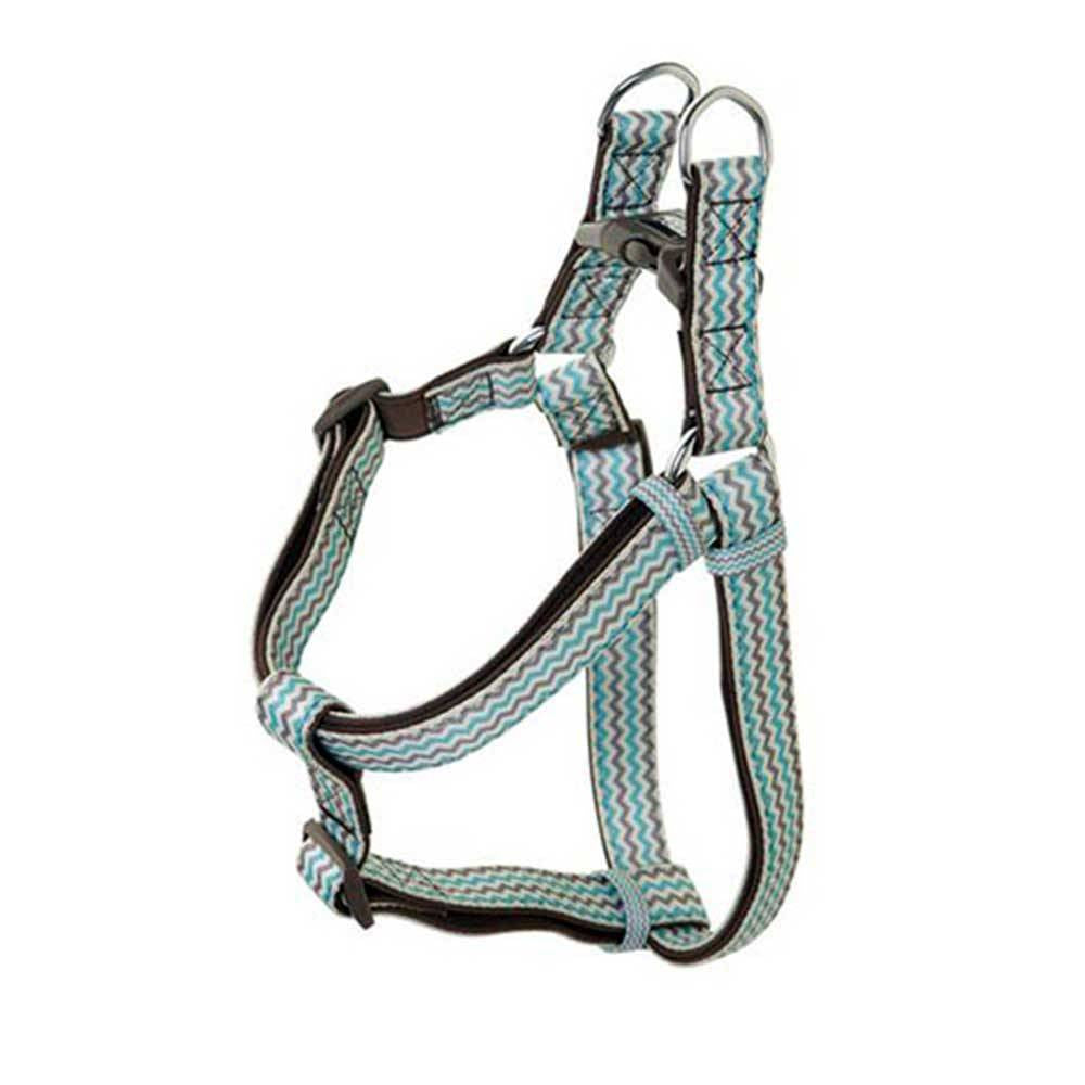 Doog Neoprene Dog Harness in brown and blue zigzag design, showcasing its stylish and comfortable fit for dogs.