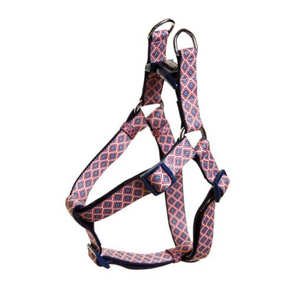 Doog Neoprene Dog Harness in navy, white, and red chevron design, showcasing its stylish and comfortable fit for dogs.