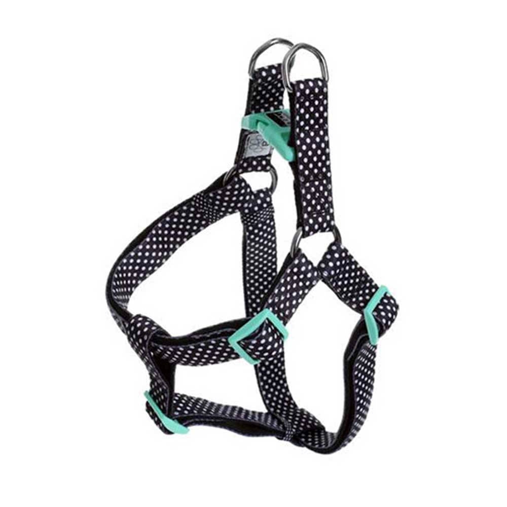 Doog Neoprene Dog Harness in black with white spots, showcasing its stylish design and comfortable fit for dogs.