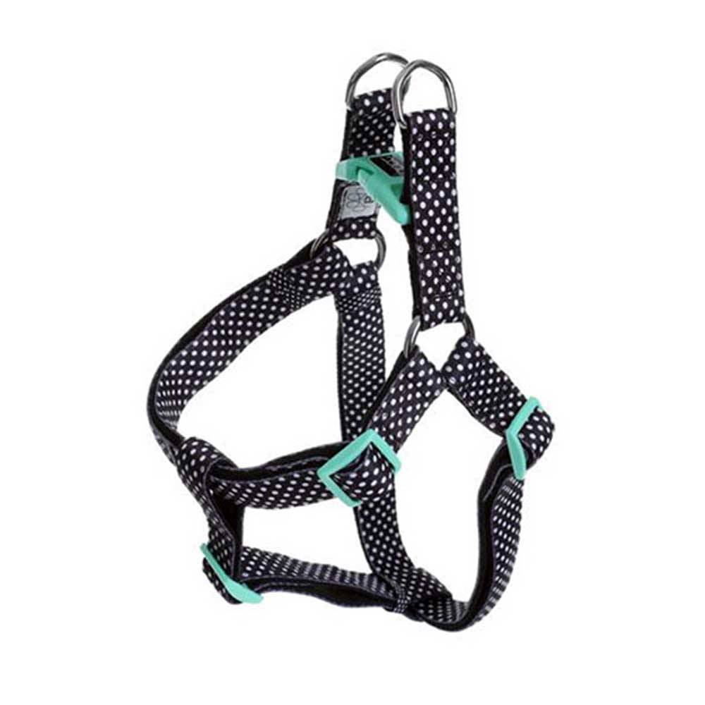 Doog Neoprene Dog Harness in black with white spots, showcasing its stylish design and comfortable fit for dogs.