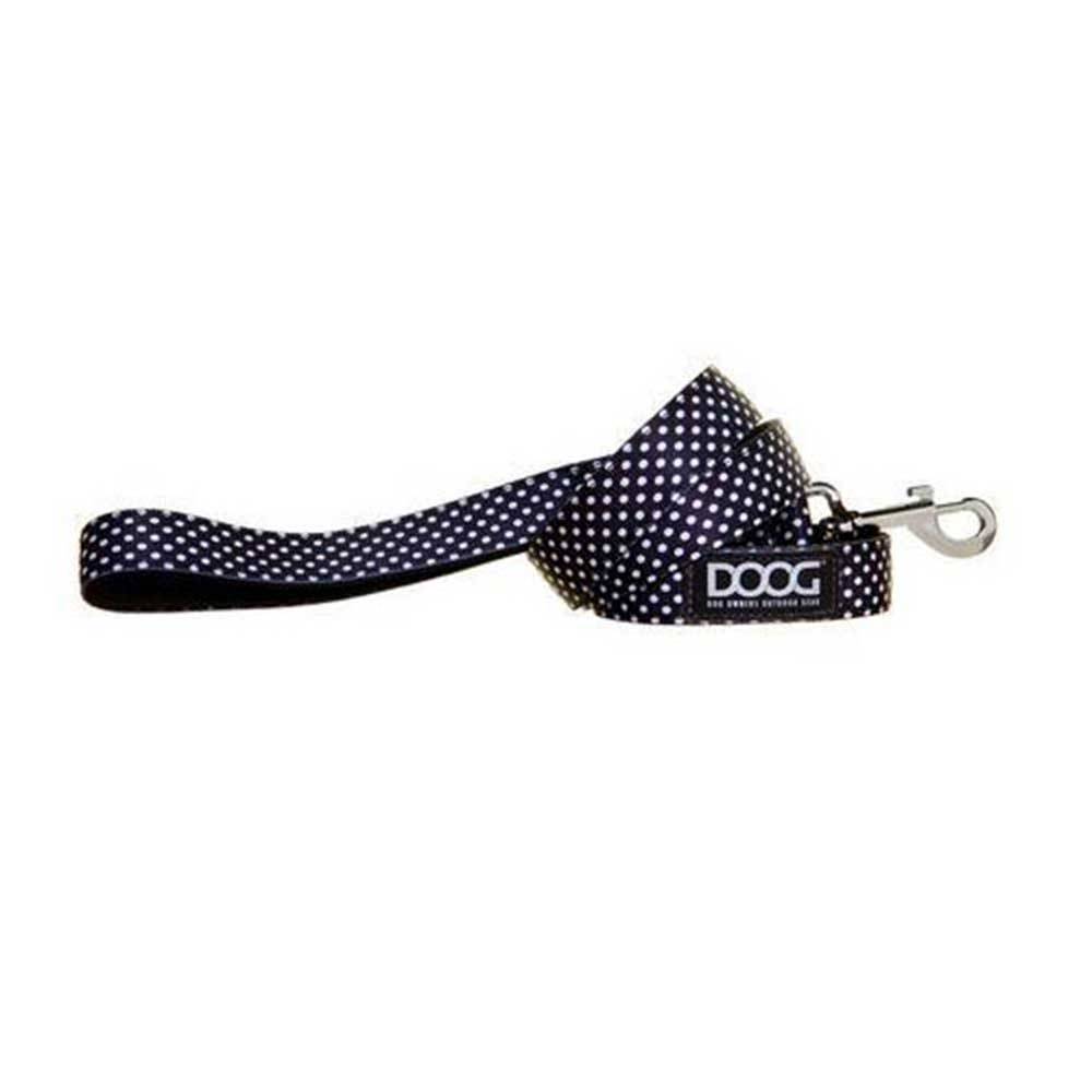 Doog Neoprene Dog Lead in black and white spot design, showcasing its soft neoprene material and stylish appearance.