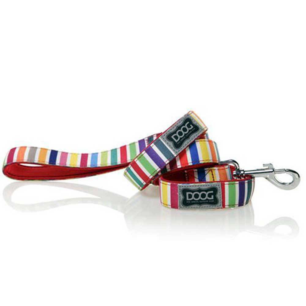 Doog Neoprene Dog Lead in multi-colour stripes, showcasing its soft neoprene material and stylish design.
