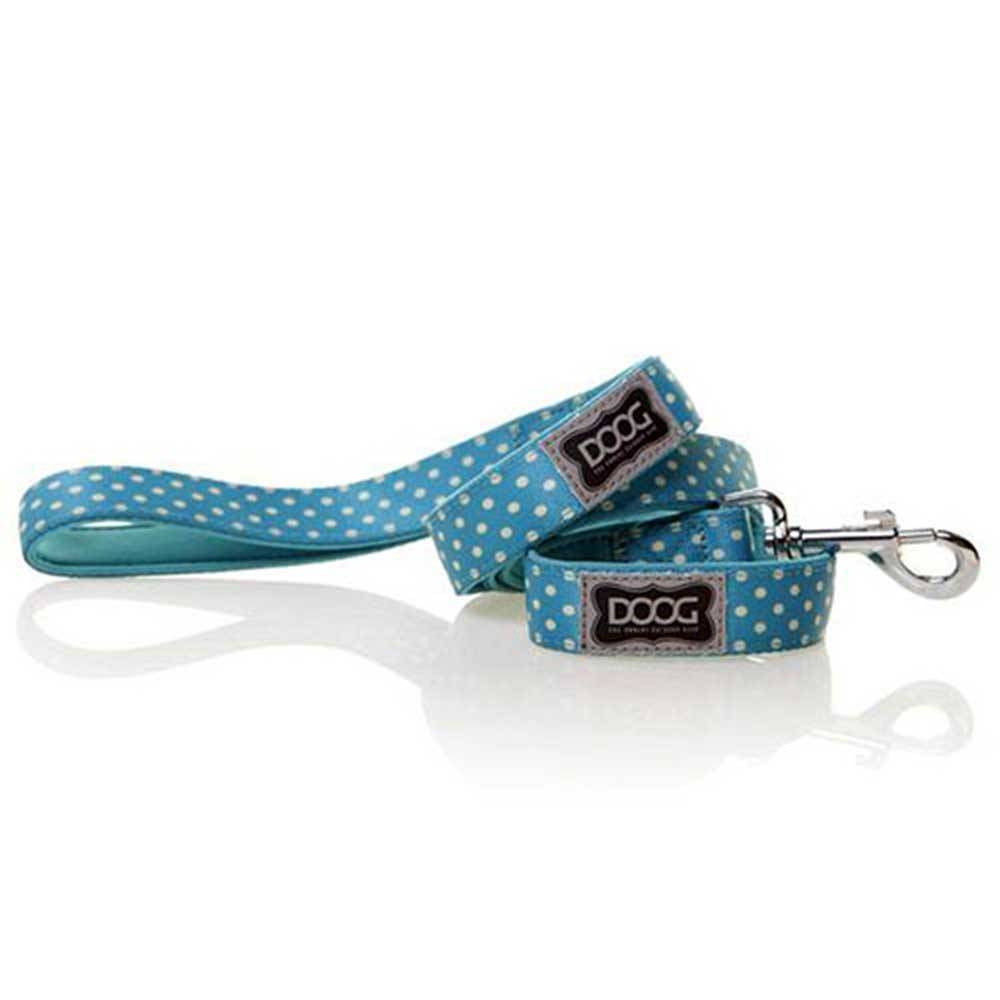 Doog Neoprene Dog Lead in blue with white spots, showcasing its stylish design and soft neoprene material.