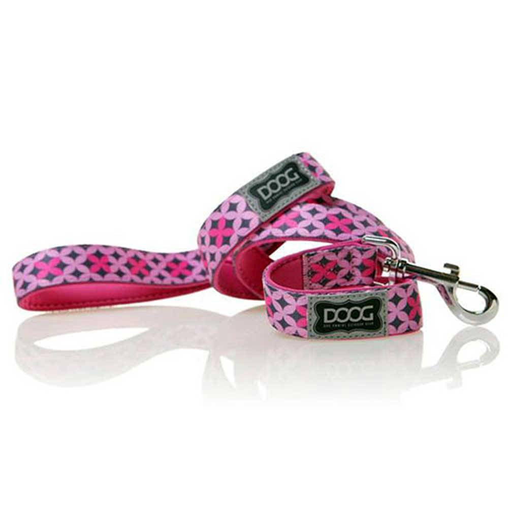 Doog Neoprene Dog Lead in pink with black stars, showcasing its stylish design and soft neoprene material.