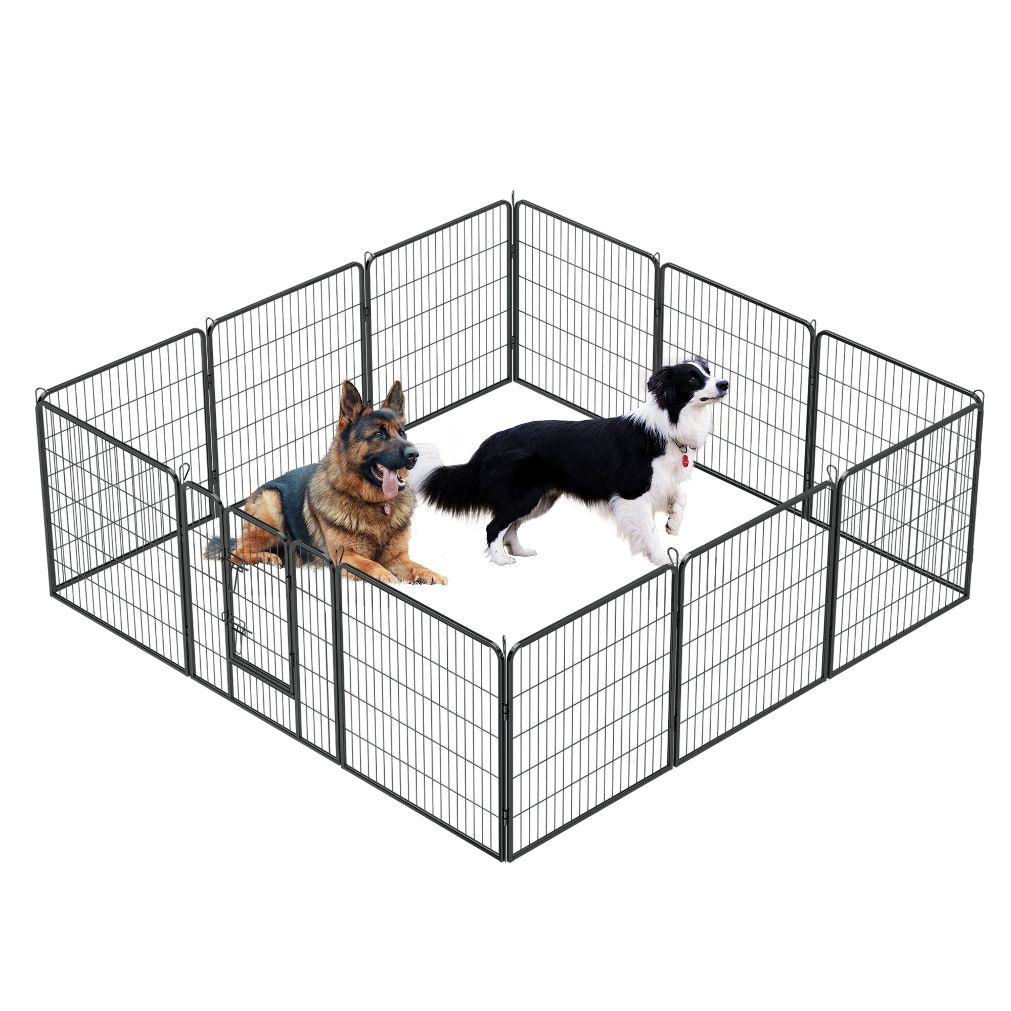 Heavy-duty metal dog playpen with 12 panels, 32 inches high, suitable for indoor and outdoor use, featuring a foldable design.