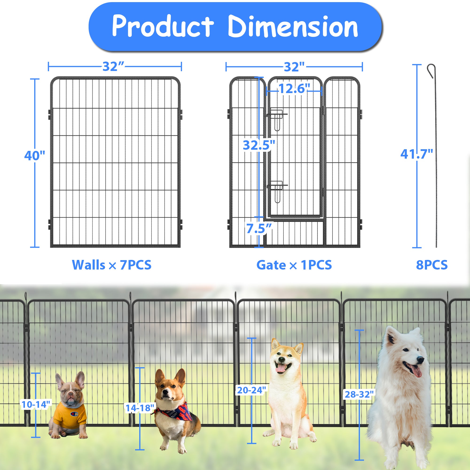 Heavy-duty metal dog playpen with 12 panels, 32 inches high, suitable for indoor and outdoor use, featuring a foldable design.