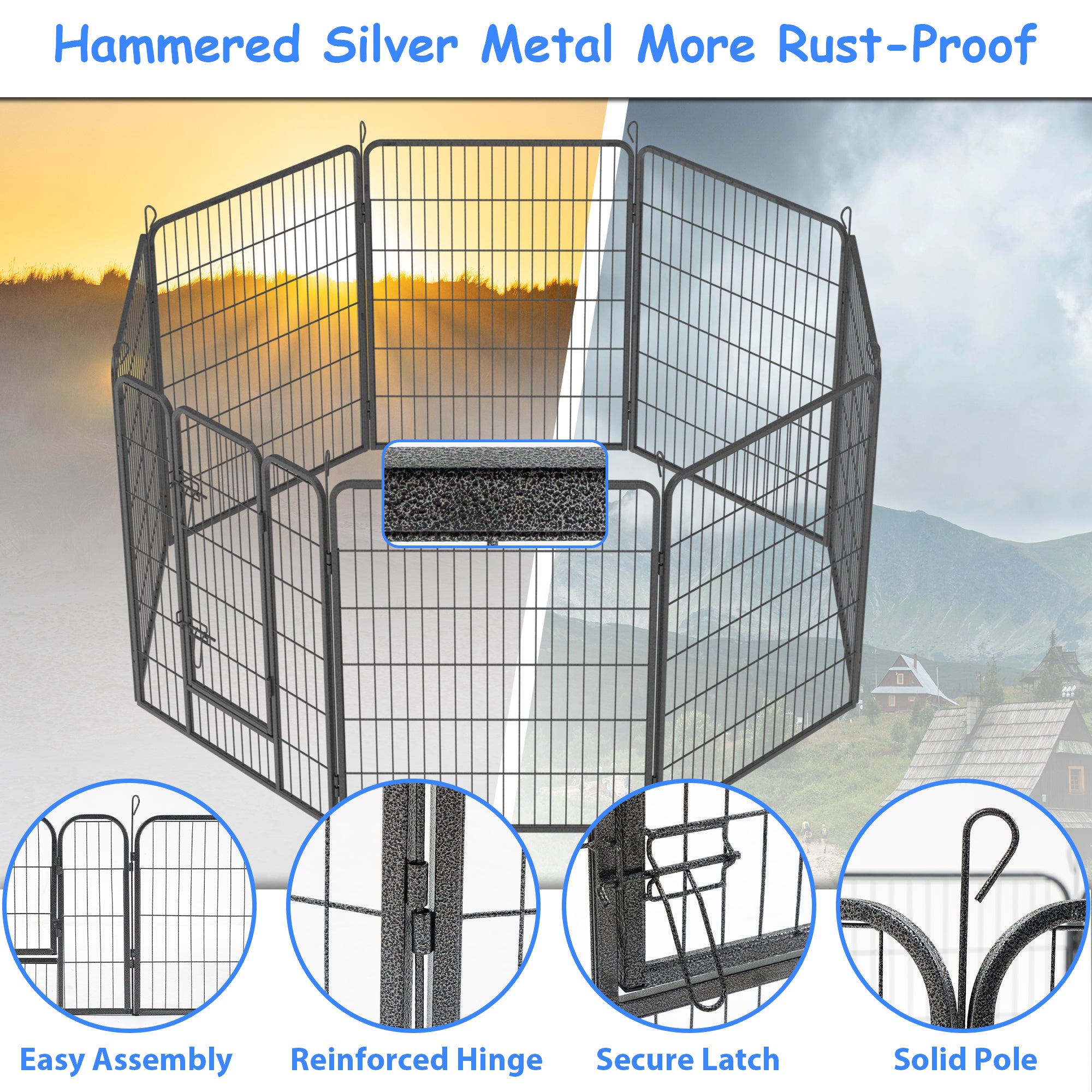 Heavy-duty metal dog playpen with 12 panels, 32 inches high, suitable for indoor and outdoor use, featuring a foldable design.