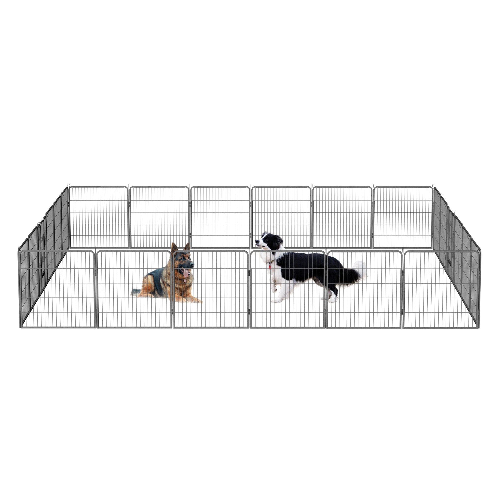 A foldable outdoor dog pen with 24 panels, 32 inches high, suitable for large, medium, and small pets, set up in a grassy area.