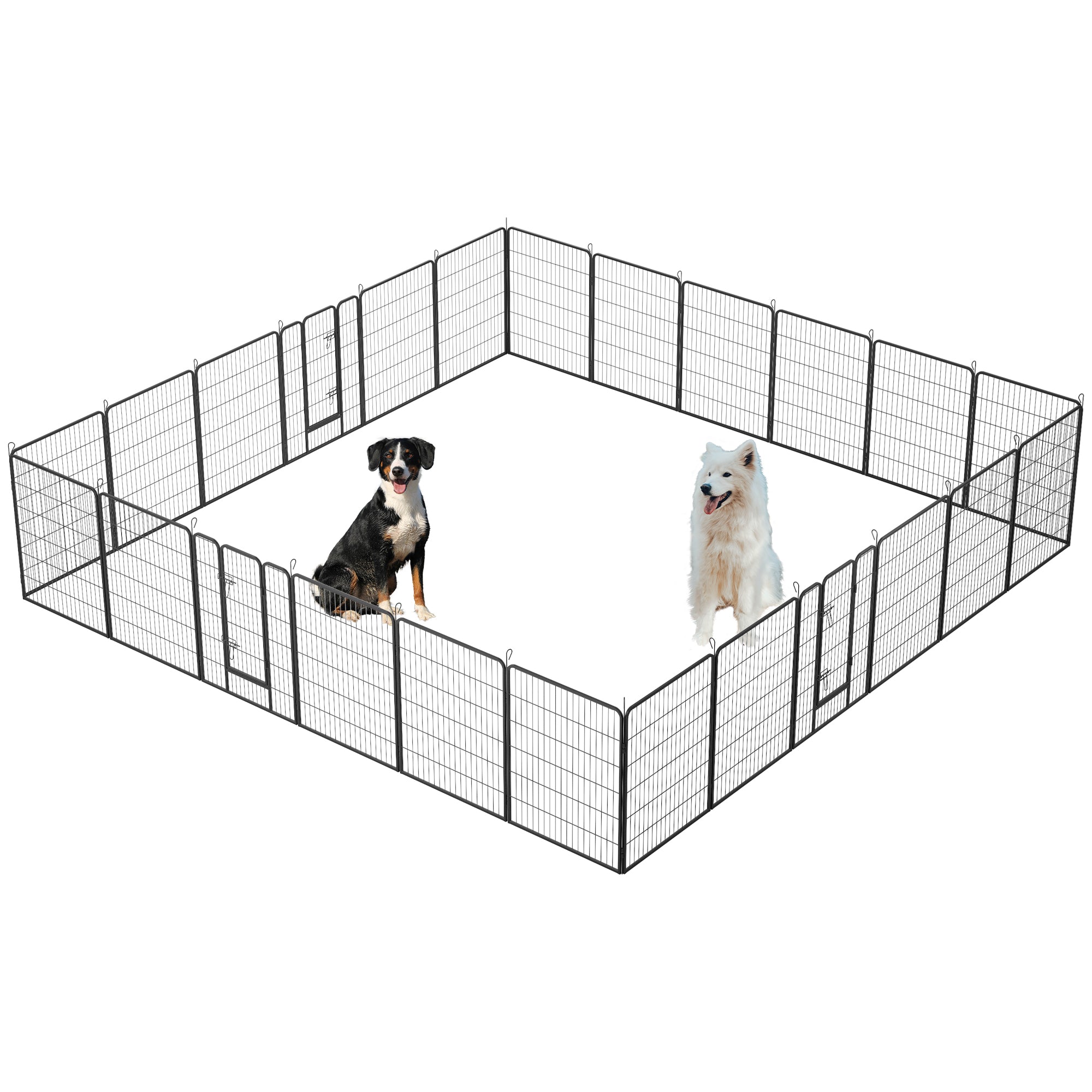 Foldable dog playpen with 24 panels, 40 inches high, suitable for indoor and outdoor use, featuring a lockable door.