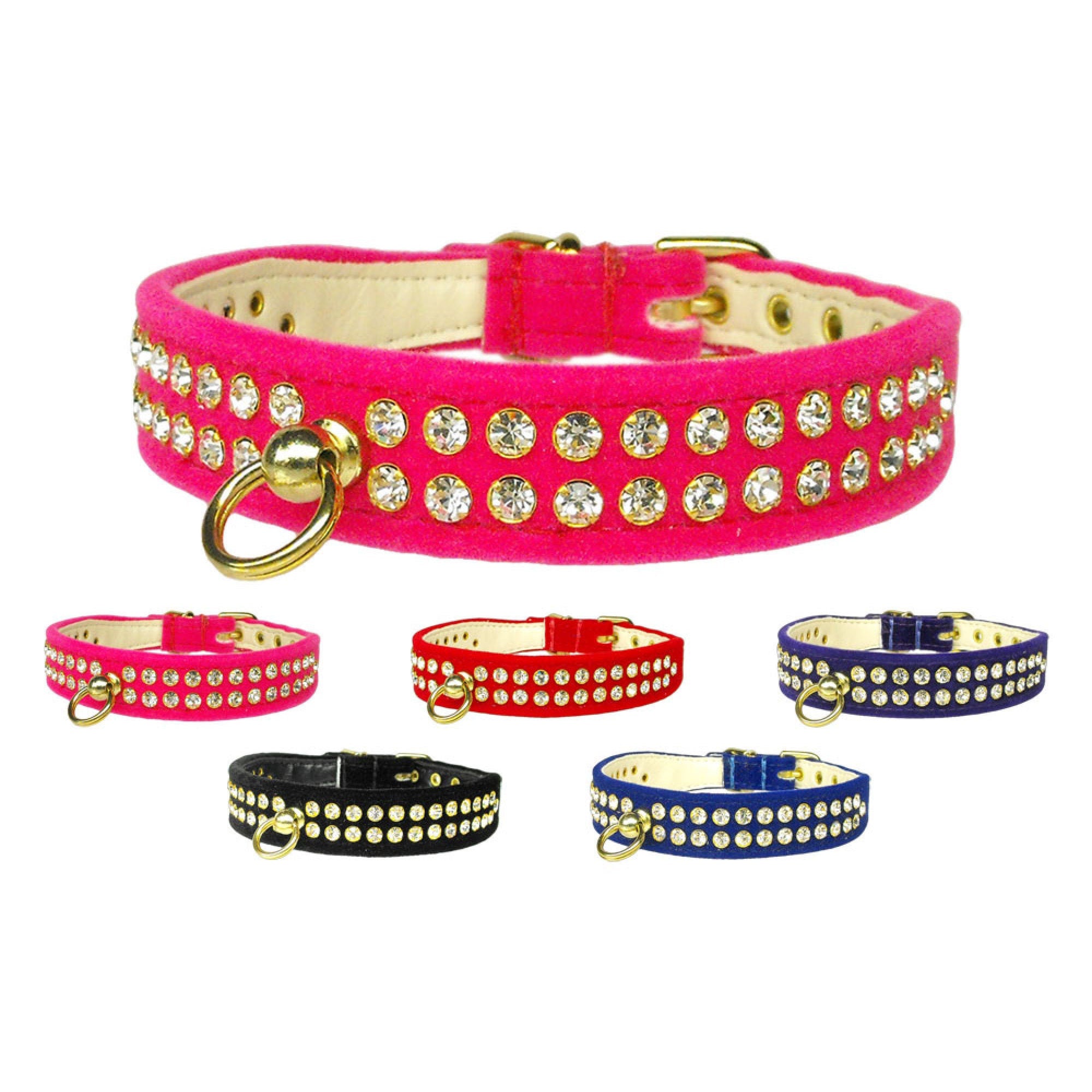 Elegant #72 Crystal Velvet Dog Collar with rhinestones, showcasing its tapered design and luxurious velvet material.