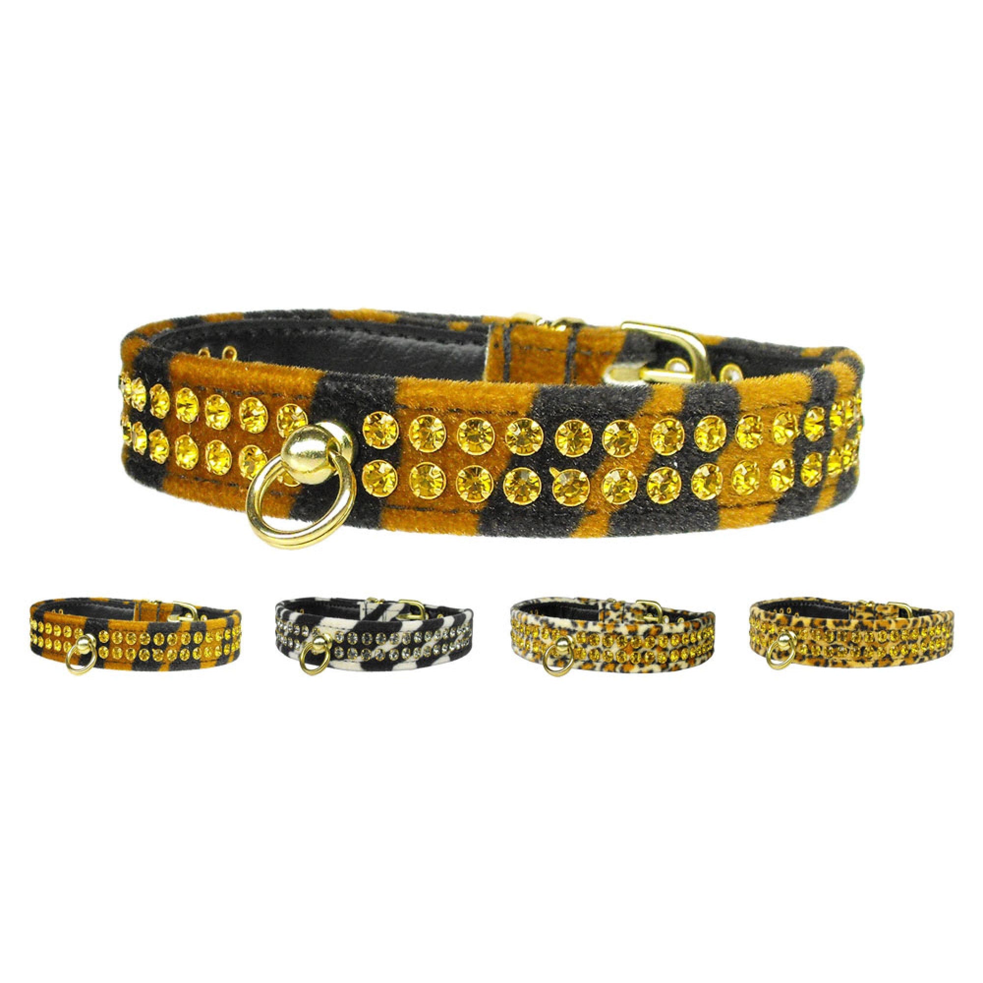Animal Print Jungle King dog collar featuring rhinestones and a comfortable tapering design, perfect for stylish pets.
