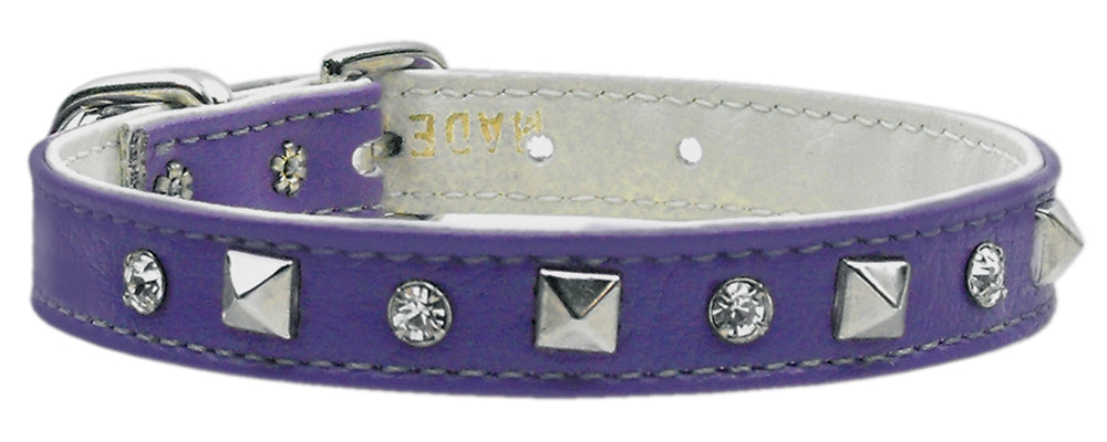 Stylish dog collar featuring clear rhinestones and metal pyramids, perfect for pets.