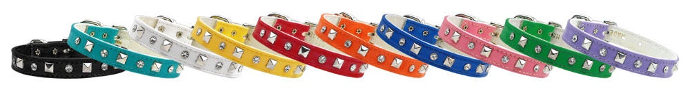 Stylish dog collar featuring clear rhinestones and metal pyramids, perfect for pets.