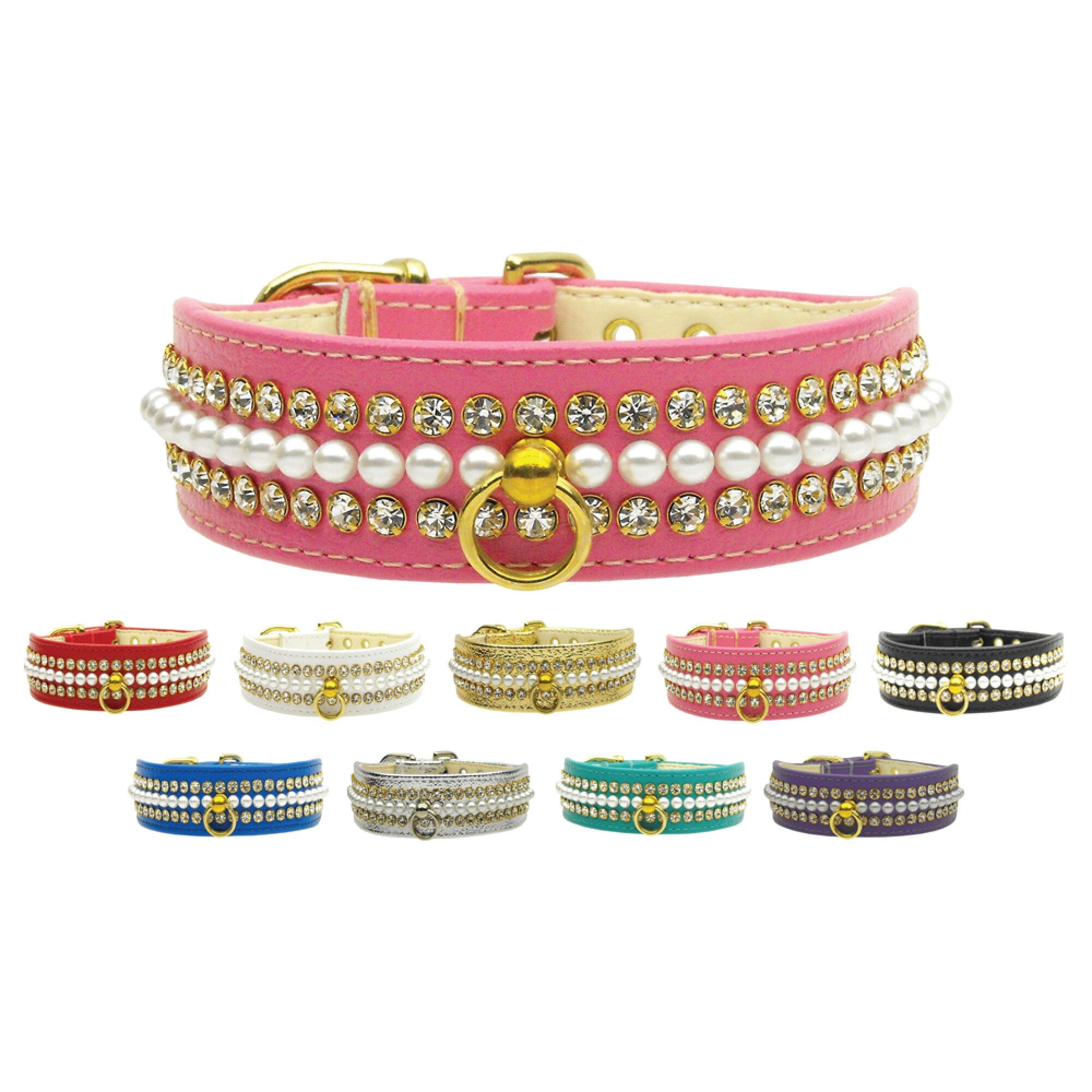 Mini Pearl & Jewel dog collar featuring rhinestones and pearls, elegantly designed for pets.
