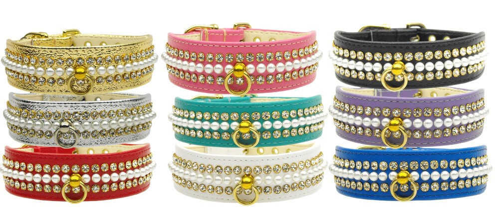 Mini Pearl & Jewel dog collar featuring rhinestones and pearls, elegantly designed for pets.