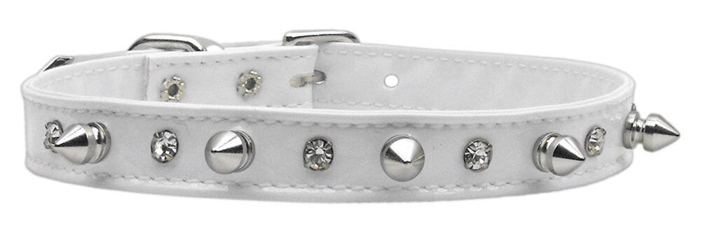 Stylish dog collar featuring patent faux leather, clear crystals, and silver spikes, perfect for pets.