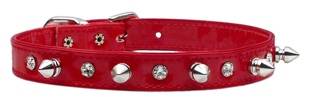 Stylish dog collar featuring patent faux leather, clear crystals, and silver spikes, perfect for pets.
