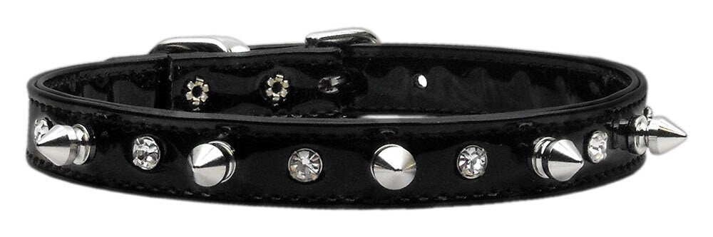Stylish dog collar featuring patent faux leather, clear crystals, and silver spikes, perfect for pets.