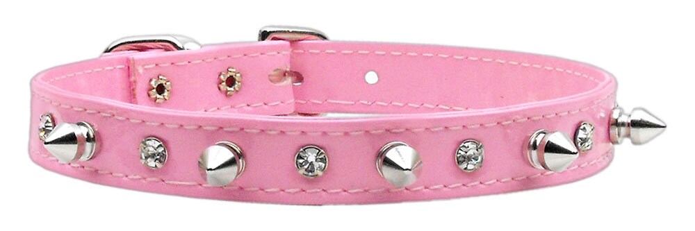 Stylish dog collar featuring patent faux leather, clear crystals, and silver spikes, perfect for pets.