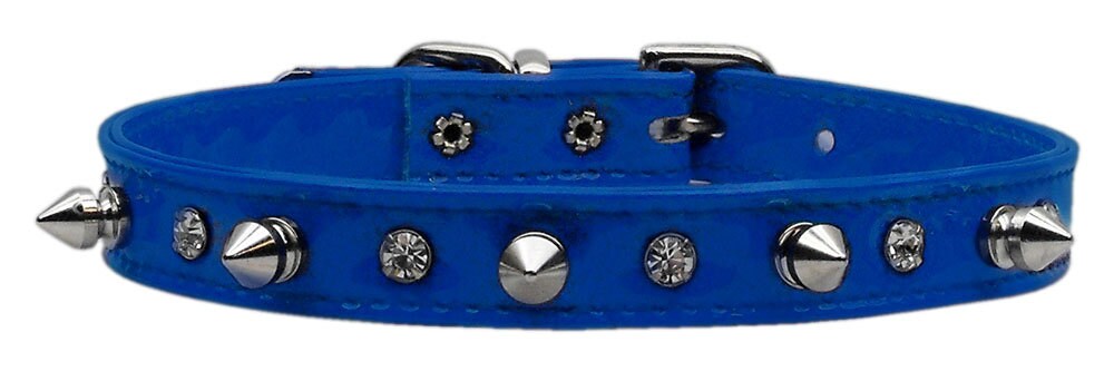 Stylish dog collar featuring patent faux leather, clear crystals, and silver spikes, perfect for pets.