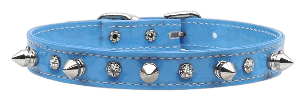 Stylish dog collar featuring patent faux leather, clear crystals, and silver spikes, perfect for pets.