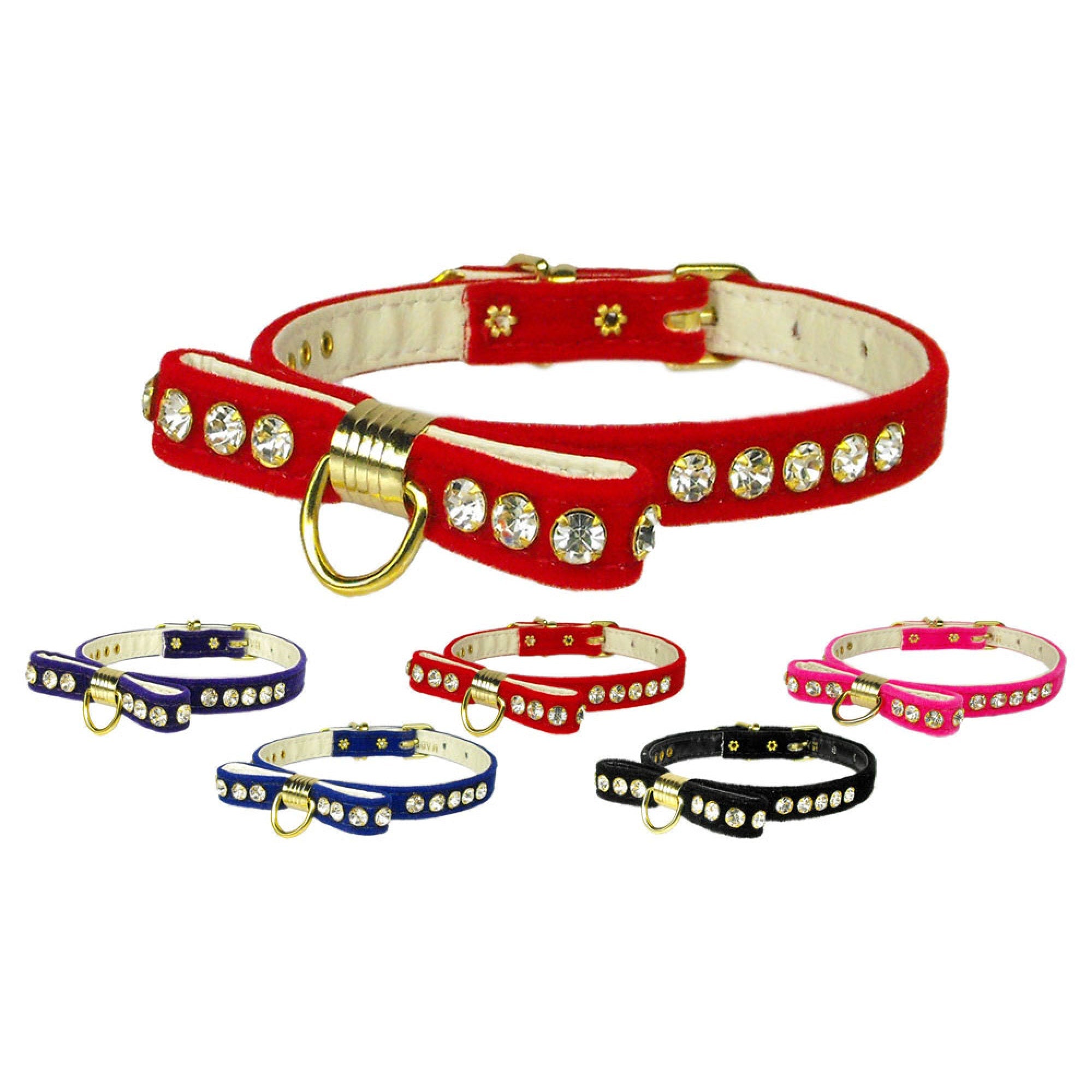 Elegant dog collar made of velveteen with a crystal bow, perfect for pets.