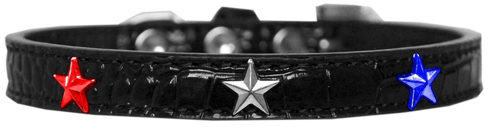 A stylish Red, White & Blue Designer Croc Widget Collar for dogs, featuring decorative widgets and a durable faux croc design.