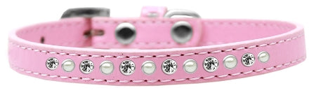 Stylish dog collar featuring pearls and clear crystals on faux leather, perfect for pets.