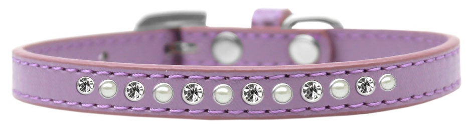 Stylish dog collar featuring pearls and clear crystals on faux leather, perfect for pets.