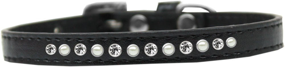 Stylish dog collar featuring pearls and clear crystals on faux leather, perfect for pets.